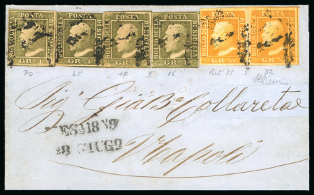 Stamp of Italian States » Sicily » 1/2 Grano, Plate I » Covers Sicily 1859 1/2Gr. dark orange (arancio scuro) plate I pair and four 1Gr. pl.II grayish olive green (verde oliva grigiastro) on cover