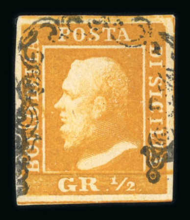 1859 1/2 Gr. plate I, porous paper (NA) orange (arancio), position 23, fine four-margined example used with no point of the cancel touching the central image.  Expertise: Signed "AD" and "ED" of Enzo and Alberto Diena.