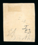 1859 1/2 Gr. plate I, porous paper (NA) orange (arancio), position 23, fine four-margined example used with no point of the cancel touching the central image.  Expertise: Signed "AD" and "ED" of Enzo and Alberto Diena.