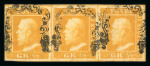 1859 1/2 Gr. plate I, porous paper (NA) orange (arancio), early printing in fine, four-margined horizontal strip of three used, a most attractive and rare used multiple.  Expertise: Signed Russo and A.Diena, Cert. Albert