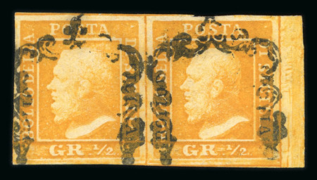1859 1/2 Gr. plate I, position 19-20, porous paper (NA) orange (arancio), large margined right-hand sheet marginal horizontal pair used, with left stamp showing the position 19 retouch (above head at right), very fine an