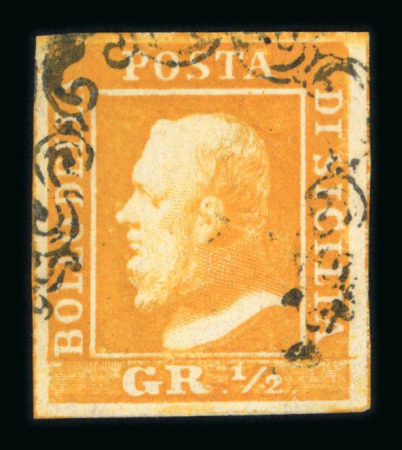 1859 1/2 Gr. plate I, porous paper (NA) orange (arancio), fine four-margined used example, scarce (Sassone 1a, €2'400).  Expertise: Cert. Alberto. Diena (1967).