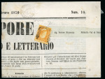 1859 1/2 Gr. plate I, porous paper (NA) orange (arancio), top marginal single used on 1859 (6 Febr) 'Il Vapore' newspaper to Noto tied by inverted strike of postmark, which was strictly against regulations and was someti