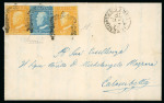 1859 1/2 Gr. orange (arancio), two singles and 2 Gr. both from plate I, on 1859 (26 Lug) two-page entire with frame cancels, from Palermo Partenza date stamp to right; an unpriced combination in Sassone, hence extremely 