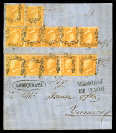 1859 1/2 Gr. plate I, horizontal strip of five (pos 31-35, 31 showing a retouch) and on reverse a similar strip (pos 36-40) plus two singles, all tied on 1859 (12 Mag) Assicurata cover from Messina to Termini, the name a