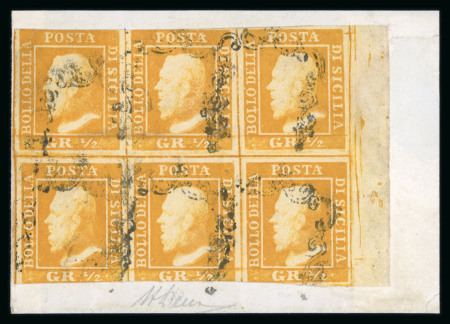 Stamp of Italian States » Sicily » 1/2 Grano, Plate I » Stamps Sicily 1859 1/2Gr right-hand marginal block of six used