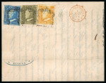 1859 1/2 Gr. plate I, position 64, 1 Gr. plate I, position 31, and 2 Gr. plate 2, position 17, on 1859 (May) mimograph printed entire with banderolle absent, from Messina to France, showing fine red French Sicilies Marse