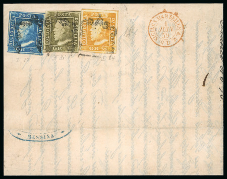 1859 1/2 Gr. plate I, position 64, 1 Gr. plate I, position 31, and 2 Gr. plate 2, position 17, on 1859 (May) mimograph printed entire with banderolle absent, from Messina to France, showing fine red French Sicilies Marse