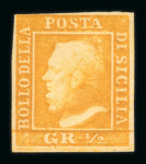 1859 1/2 Gr. plate I, porous paper (NA) orange (arancio), position 19 retouch (above head at right), four good even margins fresh, mint with original brownish gum, very fine and scarce, signed "AD" Alberto Diena.