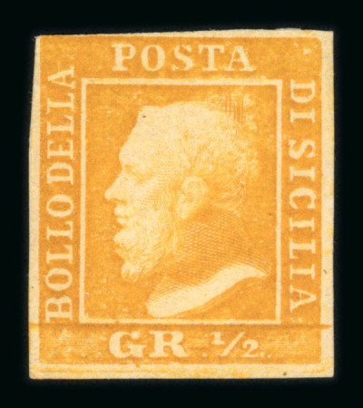 1859 1/2 Gr. plate I, porous paper (NA) orange (arancio), position 19 retouch (above head at right), four good even margins fresh, mint with original brownish gum, very fine and scarce, signed "AD" Alberto Diena.