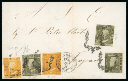 1859 1/2 Gr. plate I, orange (arancia), two singles, and 1 Gr. Plate II greyish olive-green (verde oliva grigiastro), three singles, on cover to Trapani; one 1/2 Gr. clearly showing the retouch at upper right of the port