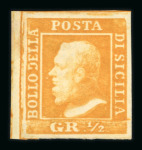 Stamp of Italian States » Sicily » 1/2 Grano, Plate I » Retouches Sicily 1859 1/2 Gr. plate I, orange (arancio), white paper mint left-hand mint marginal showing position 31 retouch