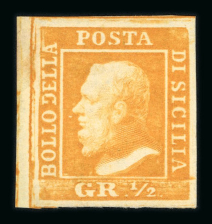 Stamp of Italian States » Sicily » 1/2 Grano, Plate I » Retouches Sicily 1859 1/2 Gr. plate I, orange (arancio), white paper mint left-hand mint marginal showing position 31 retouch