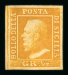 1859 1/2Gr plate I, porous paper (NA) arancio, position 31 retouch (line over 'A' of 'Della'), fine good to large margins, fresh mint with original brownish gum, signed "AD" Alberto Diena.  Expertise: Signed "AD" pencil 