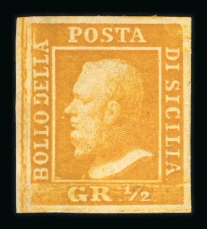 1859 1/2Gr plate I, porous paper (NA) arancio, position 31 retouch (line over 'A' of 'Della'), fine good to large margins, fresh mint with original brownish gum, signed "AD" Alberto Diena.  Expertise: Signed "AD" pencil 