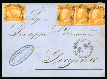 1859 1/2 Gr. plate I, porous paper (NA) orange (arancio), single at left and four overlapping singles at right, the first of the latter showing the retouch from Position 31; all tied on 1859 (22 Nov) cover from Palermo t