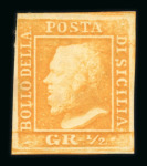 1859 1/2 Gr. plate I, porous paper (NA), orange (arancio), four good to large margins, showing the distinctive retouch at Position 68 (behind the head); slight toning in the gum, mint with original gum. A fresh and attra
