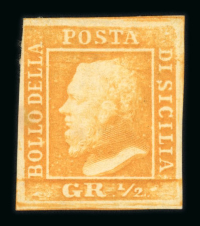 1859 1/2 Gr. plate I, porous paper (NA), orange (arancio), four good to large margins, showing the distinctive retouch at Position 68 (behind the head); slight toning in the gum, mint with original gum. A fresh and attra