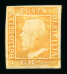 1859 1/2 Gr. plate I, stout paper (NA), orange (arancio), four good to large margins, showing the distinctive retouch at Position 68 (behind the head), mint with original white gum. A fresh and attractive example of this