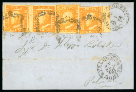 Stamp of Italian States » Sicily » 1/2 Grano, Plate I » Retouches Sicily 1860 entire Girgenti to Palermo with four 1/2Gr pl.1, one with retouch from pos.69