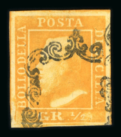 1859 1/2 Gr. Plate I, porous paper (NA), orange (arancio), used, four good to large margins, showing the retouch at Position 79. A fine four-margined used example.
