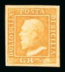Stamp of Italian States » Sicily » 1/2 Grano, Plate I » Retouches Sicily 1859 1/2 Gr plate I, stout paper (PA) orange (arancio), mint showing position 79 retouch