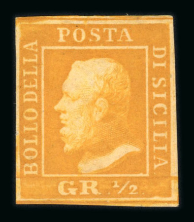 1859 ½ Gr. Plate II, non-porous paper (NA), orange (arancio), with four close margins. Fresh unused example with original brownish gum.  A very fine and scarce example, displaying excellent colour and well-preserved orig