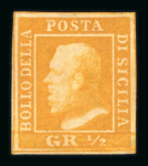 1859 ½ Gr. Plate II, non-porous paper (NA), orange (arancio), with close margins. Fresh mint example with original brownish gum.  A very fine and scarce example, displaying excellent colour and attractive freshness.   Ex