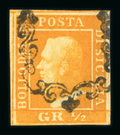 Stamp of Italian States » Sicily » 1/2 Grano, Plate II » Stamps Sicily 1859 1/2 Gr. plate II, porous paper, dark orange (arancio scuro), used with an inverted cancel