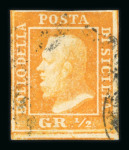 1859 ½ Gr. Plate II, non-porous paper (NA), very bright orange (arancio scuro), with close to good margins. Very fine used example.  A scarce and particularly attractive example of this bright shade, displaying excellent