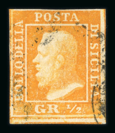1859 ½ Gr. Plate II, non-porous paper (NA), very bright orange (arancio scuro), with close to good margins. Very fine used example.  A scarce and particularly attractive example of this bright shade, displaying excellent