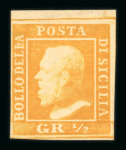 1859 1/2 Gr. Plate II, white paper (PA), orange (arancio), with top sheet margin and four good margins. Very fine and fresh example mint with original white gum. A wonderful example.  Expertise: Signed "AD" and Asinelli.