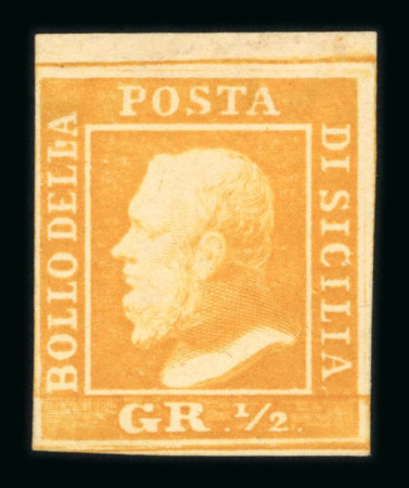 1859 1/2 Gr. Plate II, white paper (PA), orange (arancio), with top sheet margin and four good margins. Very fine and fresh example mint with original white gum. A wonderful example.  Expertise: Signed "AD" and Asinelli.