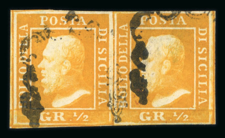 1859 1/2 Gr. Plate II, porous paper, orange (arancio), horizontal pair, used, with close to good margins. A fresh, attractive and rare multiple.  Expertise: A.Diena and E.Diena. Cert. Giacomo Bottacchi.
