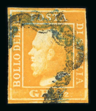 1859 1/2 Gr. Plate II, porous paper, orange (arancio), used, with close to good margins. Cancelled by both blue and black frame cancellations, an unusual combination. A fresh example and the only recorded example in the 