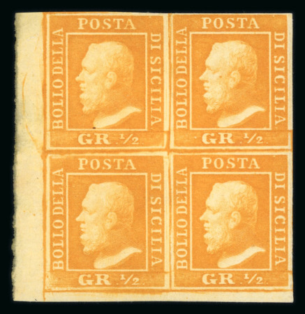 1859 1/2 Gr. Plate II, white thick paper (PA), orange (arancio), corner block of four from the lower left of the sheet (positions 81–82 / 91–92), with clear to huge margins. Fresh mint example with full original gum, lig