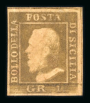 1859 1 Gr. Plate I, rust-brown (bruno ruggine), position 26, close to large margins. Vertical crease.Mint with original gum, heavily browned. Very fine and extremely rare mint single of this shade.  Expertise: Cert. Albe