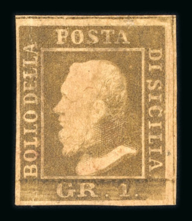 1859 1 Gr. Plate I, rust-brown (bruno ruggine), position 26, close to large margins. Vertical crease.Mint with original gum, heavily browned. Very fine and extremely rare mint single of this shade.  Expertise: Cert. Albe