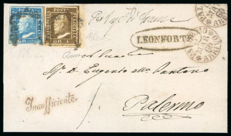 Stamp of Italian States » Sicily » 1 Grano, Plate I » Covers Sicily 1860 outer letter sheet from Leonforte to Palermo with 1859 1Gr plate 1 rust brown and 2Gr, underpaid with "insufficiente"