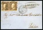 1859 1 Gr. Plate I, deep rust-brown (bruno ruggine intenso), pair with four good to large margins, right stamp showing "Ring on the nose" typrical and constant variety from postion 86, on 1859 (Mar. 28) outer letter shee