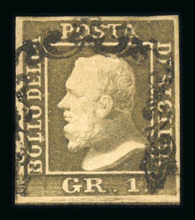 1859 1 Gr. Plate I, state II, olive-brown (bruno olivastro), with four even margins. Fine used example.  Expertise: Signed “ED” Emilo Diena and “AD” Alberto Diena.