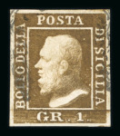 1859 1 Gr. Plate I, state I, rust-brown (bruno ruggine), position 21, with four good even margins. Fine used example.  Expertise: Signed "ED" Emilio Diena