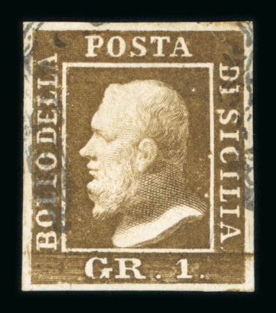 1859 1 Gr. Plate I, state I, rust-brown (bruno ruggine), position 21, with four good even margins. Fine used example.  Expertise: Signed "ED" Emilio Diena