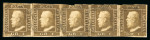 1859 1 Gr. Plate I, state I, rust-brown (bruno ruggine), horizontal strip of five, three stamps cut into at top, otherwise good to close margins. Fresh used example. A very rare and important used multiple.  Expertise: S