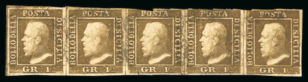 1859 1 Gr. Plate I, state I, rust-brown (bruno ruggine), horizontal strip of five, three stamps cut into at top, otherwise good to close margins. Fresh used example. A very rare and important used multiple.  Expertise: S