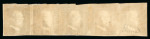 1859 1 Gr. Plate I, state I, rust-brown (bruno ruggine), horizontal strip of five, three stamps cut into at top, otherwise good to close margins. Fresh used example. A very rare and important used multiple.  Expertise: S