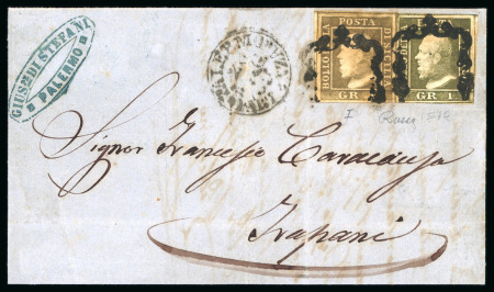 Stamp of Italian States » Sicily » 1 Grano, Plate I » Covers Sicily 1859 entire Palermo to Trapani franked 1859 1Gr. pl.I state II bruno olivastro and 1Gr verde oliva