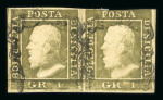 1859 1 Gr. Plate I, state II, greyish olive-green (verde oliva grigastro), horizontal pair in positions 23–24, with retouch by mouth on the latter. Margin touched at top right, otherwise fine and very rare.