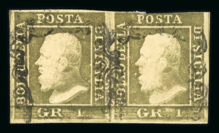 1859 1 Gr. Plate I, state II, greyish olive-green (verde oliva grigastro), horizontal pair in positions 23–24, with retouch by mouth on the latter. Margin touched at top right, otherwise fine and very rare.
