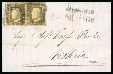 1859 1 Gr. Plate I, state II, greyish olive-green (verde oliva grigastro), positions 81 and 72, with close margins at left on one example, tied to outer letter sheet from Messina to Vittoria. Very fresh and attractive.  